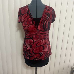 JKLA California- Burgundy and black, v-neck blouse Size M
